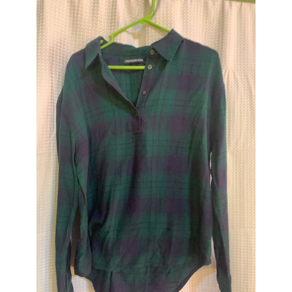 Calvin Klein Jeans Womens Green Navy Blue Plaid Flannel Long Sleeve Top Large